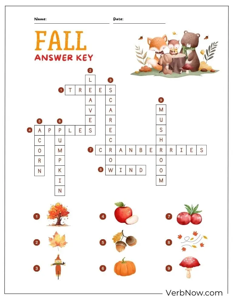 Free Fall Puzzles for Kids and Families (100% Printable PDF) Fall crossword answer key – completed puzzle solution.