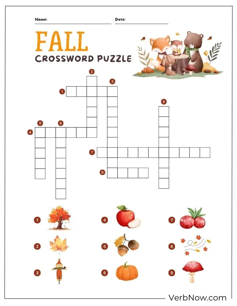 Free Fall Puzzles for Kids and Families (100% Printable PDF) Fall crossword puzzle – autumn-themed word challenge.