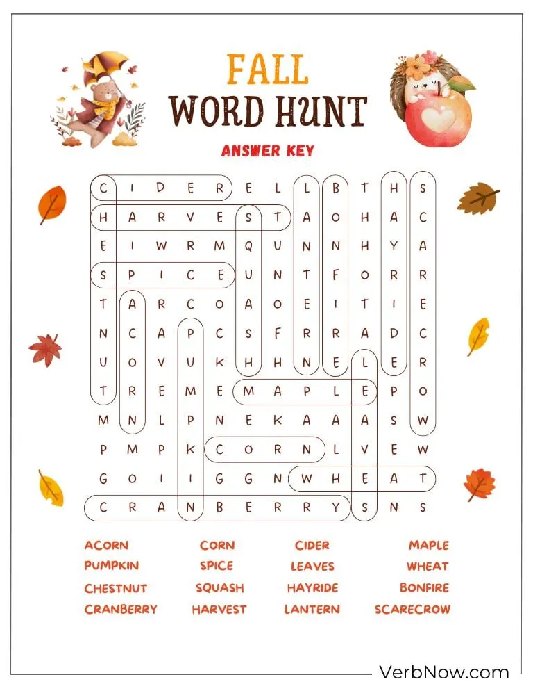 Free Fall Puzzles for Kids and Families (100% Printable PDF) Fall word hunt answer key – hidden autumn words circled.