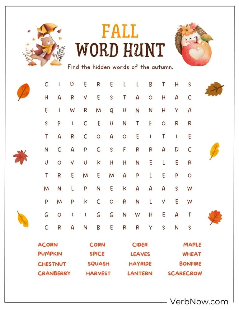 Free Fall Puzzles for Kids and Families (100% Printable PDF) Fall word hunt puzzle – find fall-themed words in the grid.