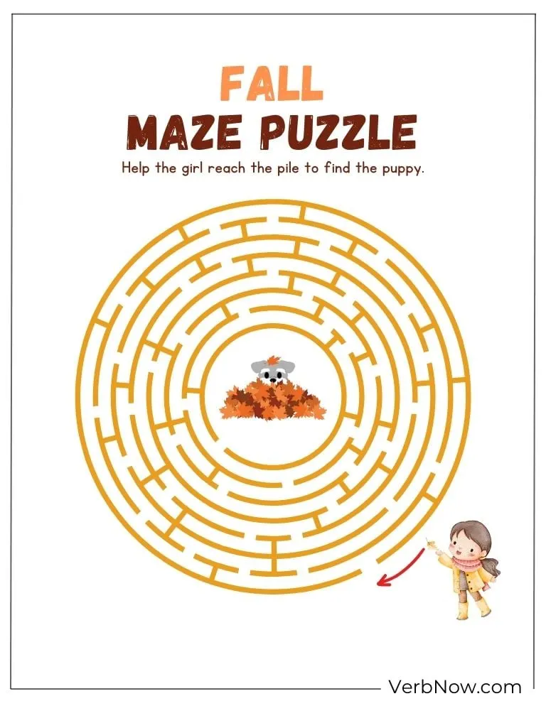 Free Fall Puzzles for Kids and Families (100% Printable PDF) Fall maze puzzle – help the girl reach her puppy.