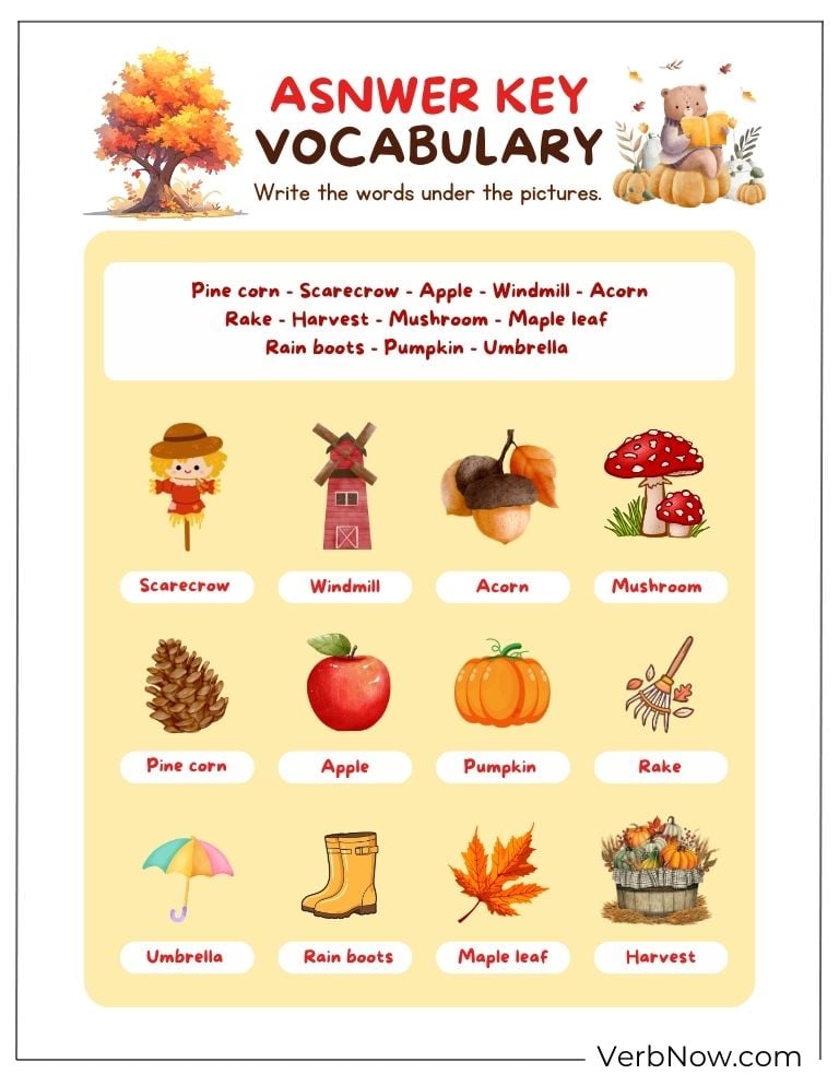 Free Fall Puzzles for Kids and Families (100% Printable PDF) Fall vocabulary answer key – match words with fall pictures.