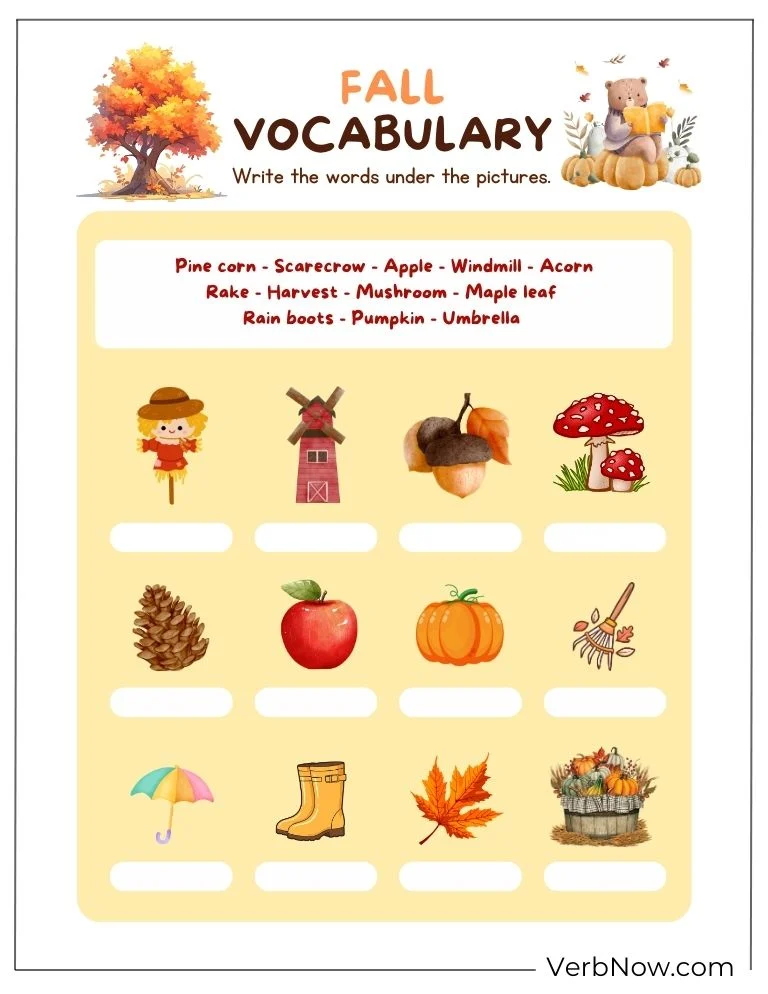 Free Fall Puzzles for Kids and Families (100% Printable PDF) Fall vocabulary worksheet – write words under the pictures.