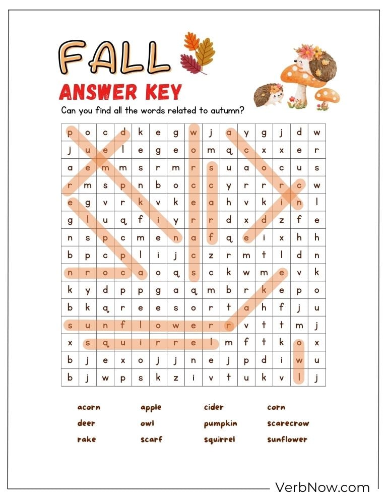 Free Fall Puzzles for Kids and Families (100% Printable PDF) Fall word search answer key – hidden fall words highlighted.