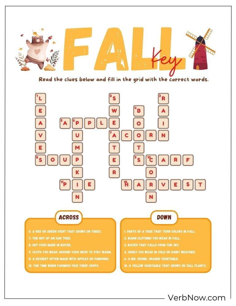 Free Fall Puzzles for Kids and Families (100% Printable PDF) Fall crossword answer key – completed autumn crossword.