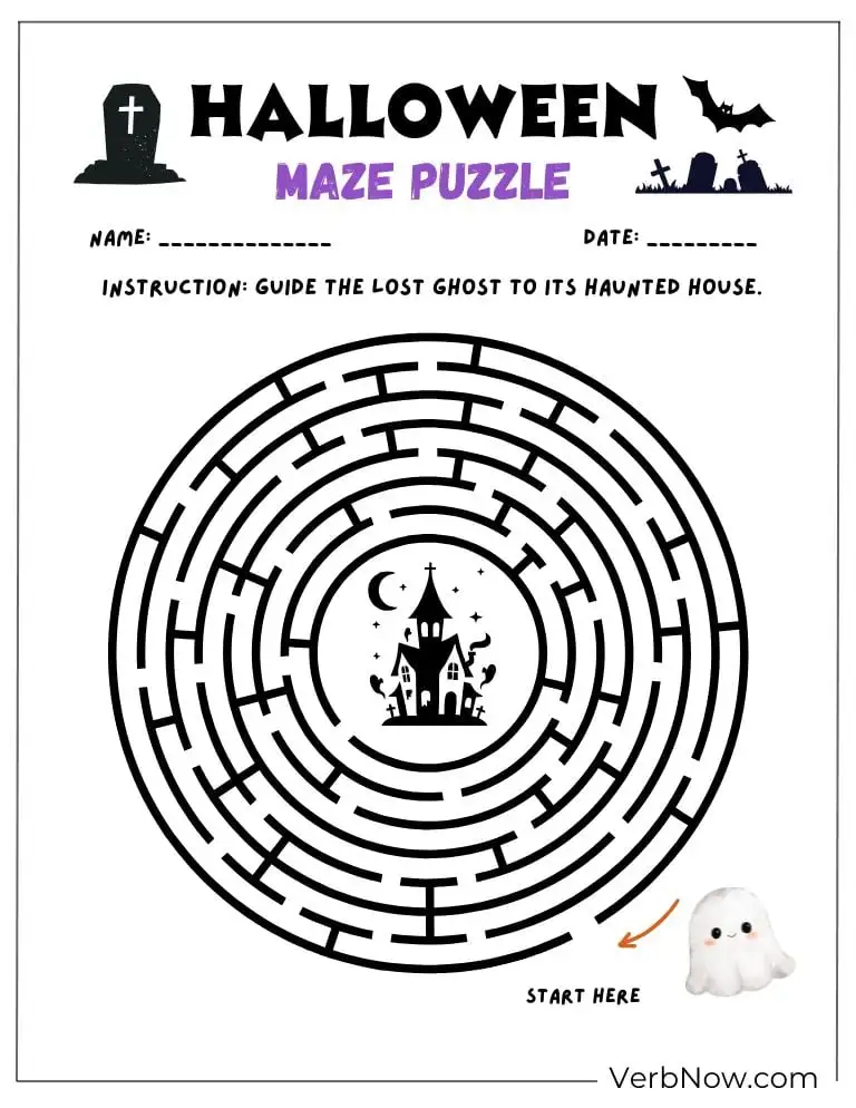 Free Halloween Puzzles for All Ages (100% Printable PDF) A circular Halloween maze puzzle