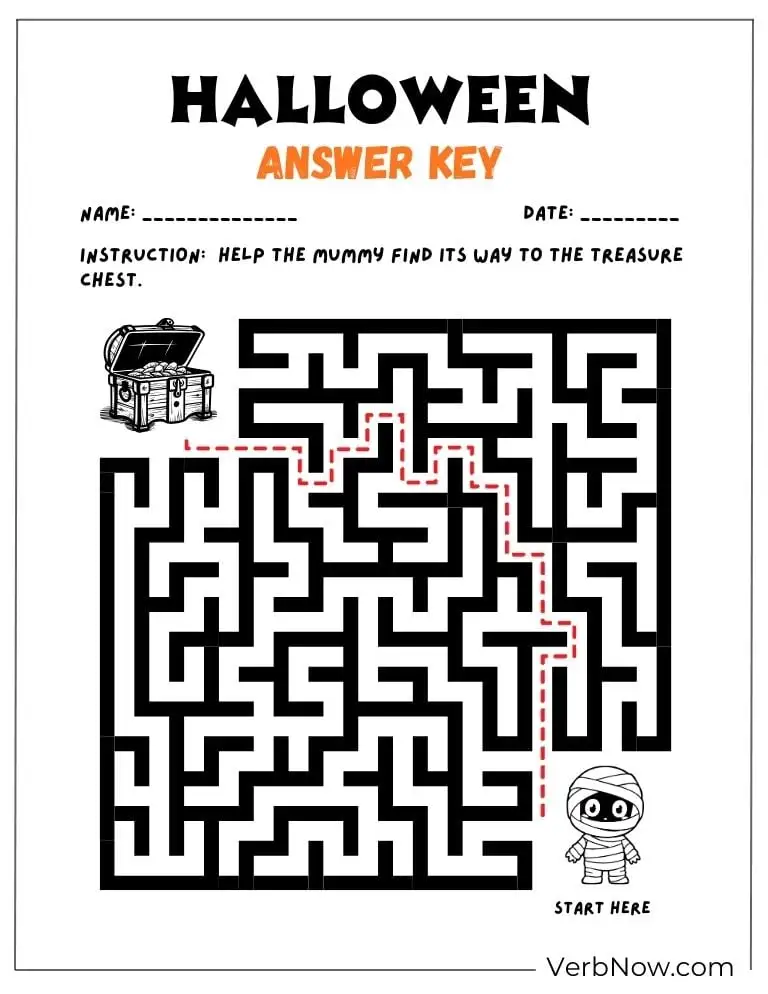 Free Halloween Puzzles for All Ages (100% Printable PDF) Answer key for a mummy treasure maze