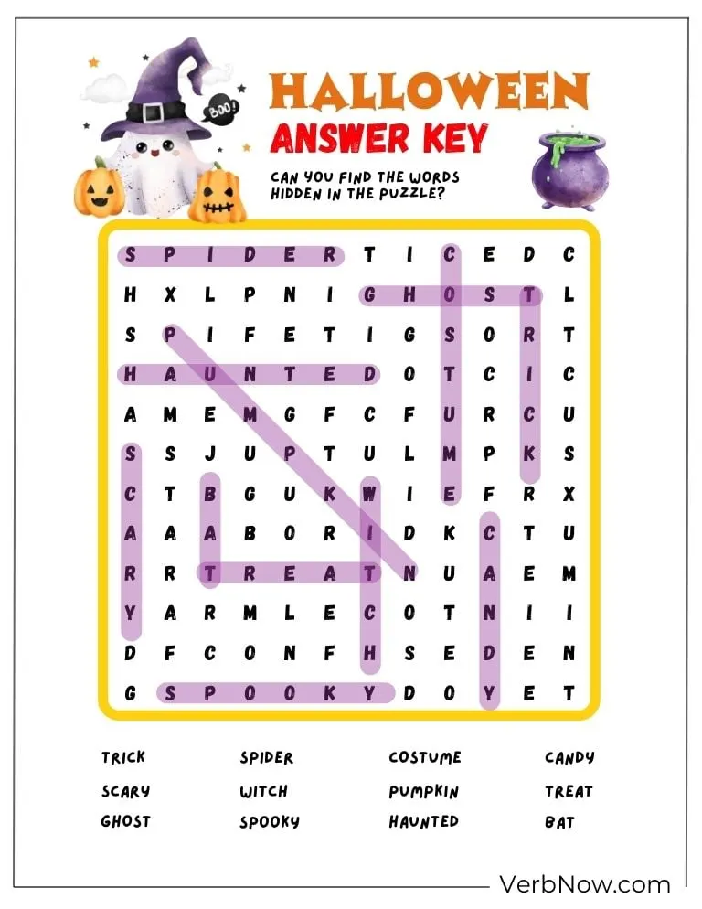Free Halloween Puzzles for All Ages (100% Printable PDF) Answer key for a Halloween word search with words highlighted