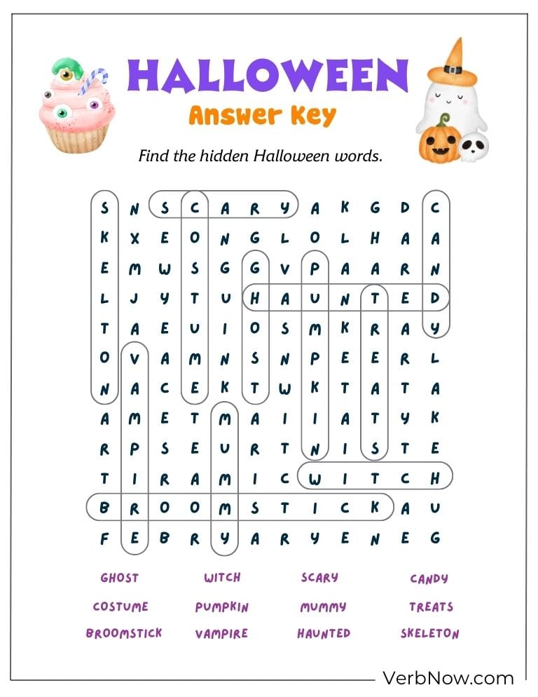 Answer key for a Halloween word search puzzle