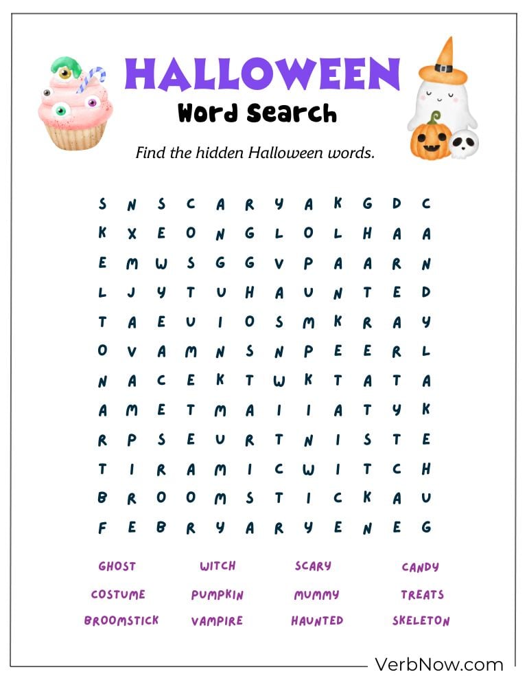 A Halloween word search puzzle with spooky words