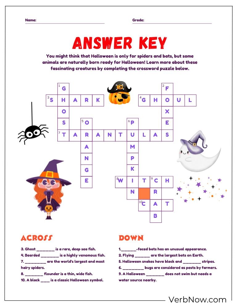 Answer key for a Halloween crossword puzzle
