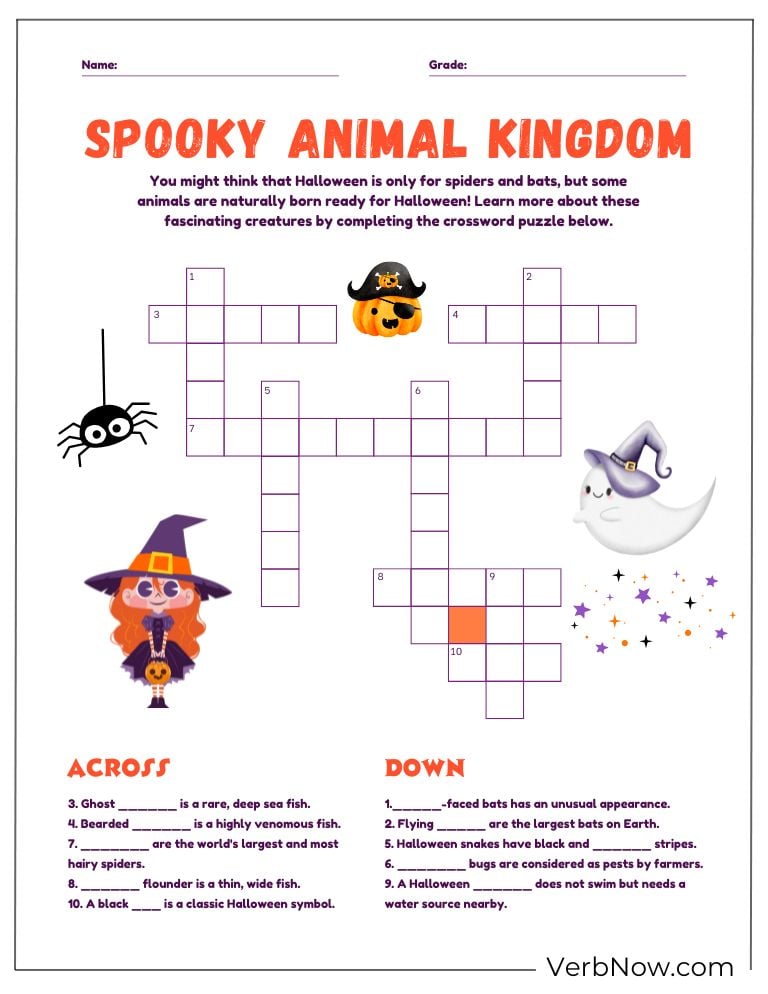 Halloween crossword puzzle titled "Spooky Animal Kingdom"