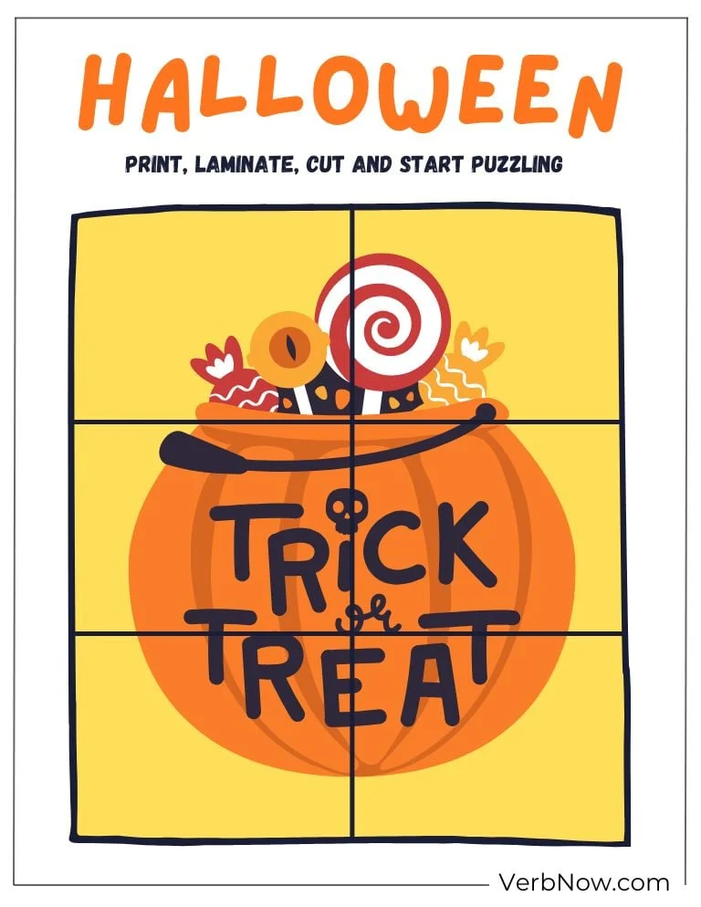 Free Halloween Puzzles for All Ages (100% Printable PDF) Halloween puzzle featuring a “Trick or Treat” design