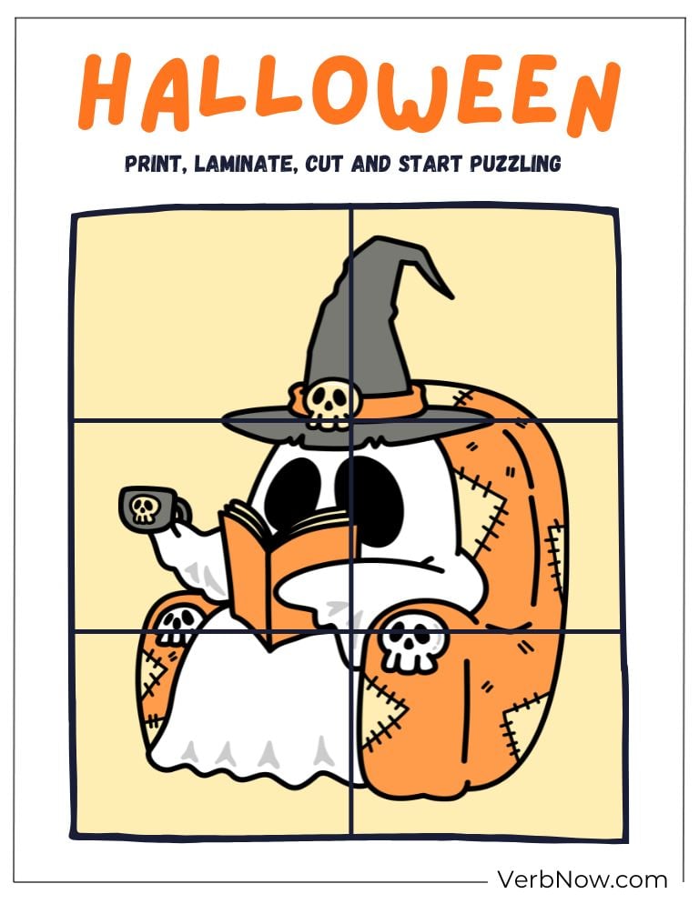 Halloween puzzle with a pumpkin wearing a witch hat