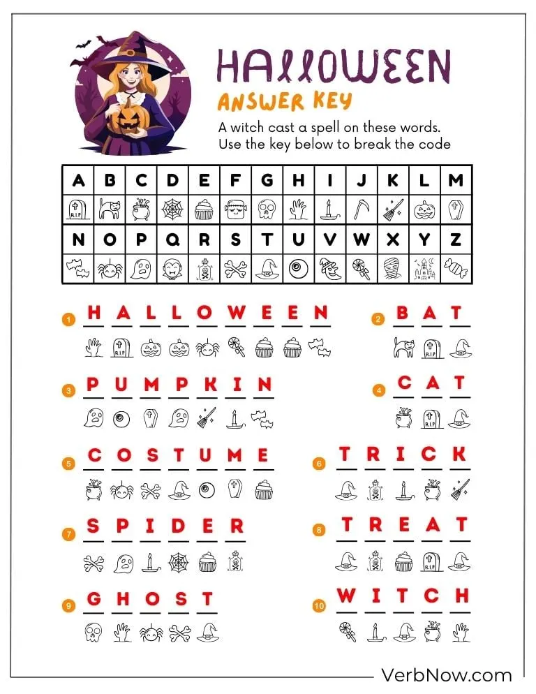 Free Halloween Puzzles for All Ages (100% Printable PDF) Answer key for a Halloween code breaker