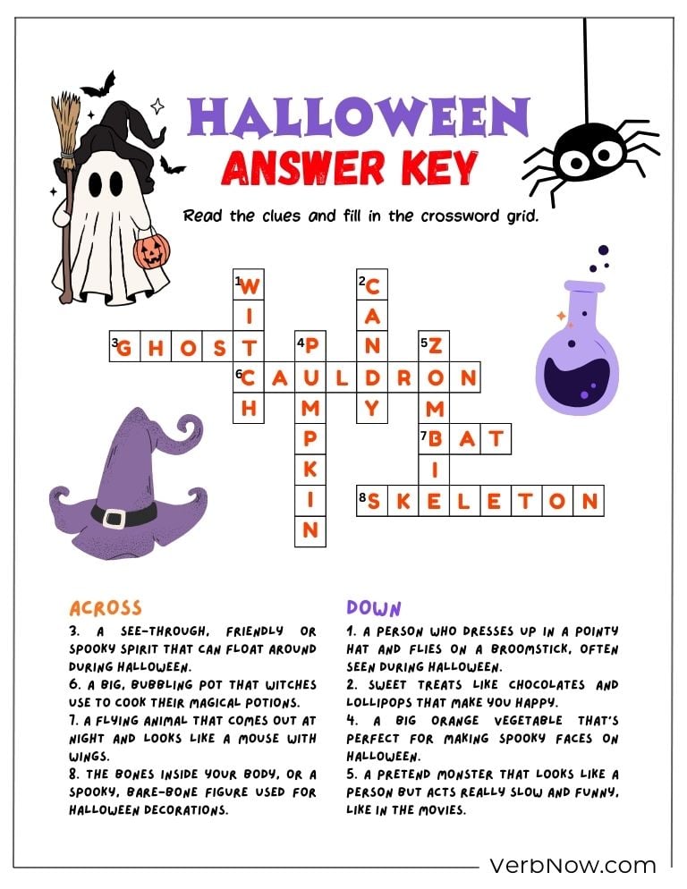 Answer key for a Halloween crossword puzzle