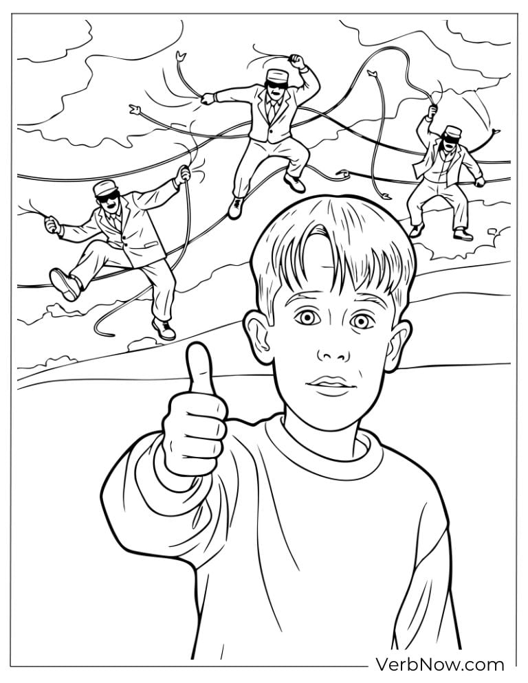 Kevin giving a thumbs-up with burglars tangled in ropes behind him