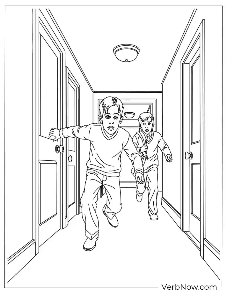 Kevin and his friend running through hallway