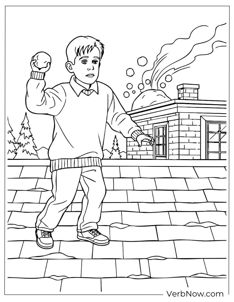 Kevin standing on a roof, ready to throw a snowball