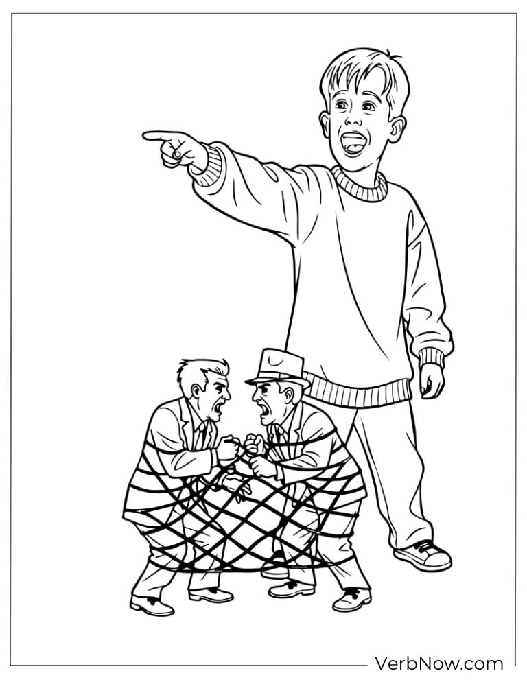 Kevin pointing while the burglars are trapped in a net