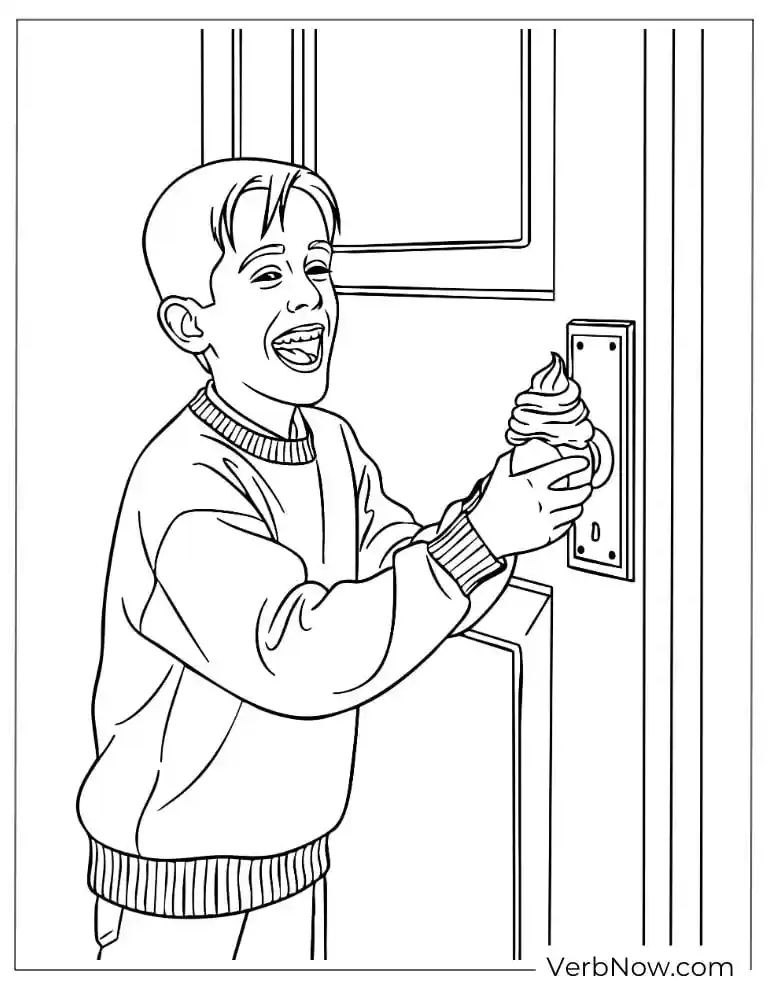 22 Free Home Alone Coloring Pages (Printable PDF) Kevin laughing while locking the door