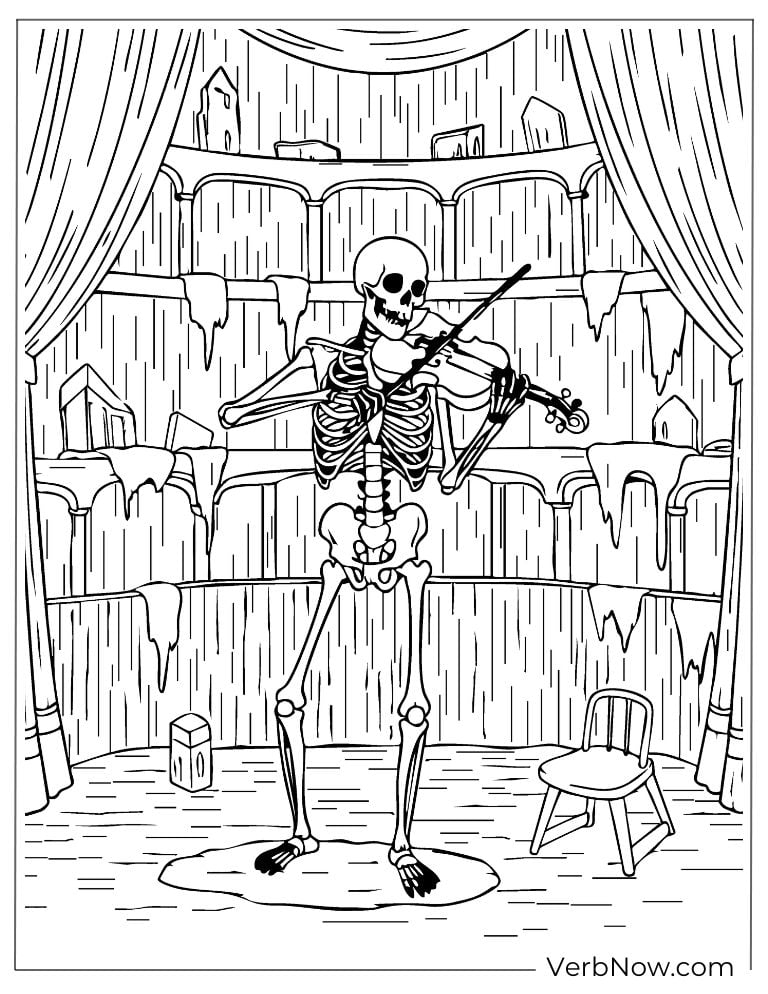 A skeleton plays violin on a creepy stage