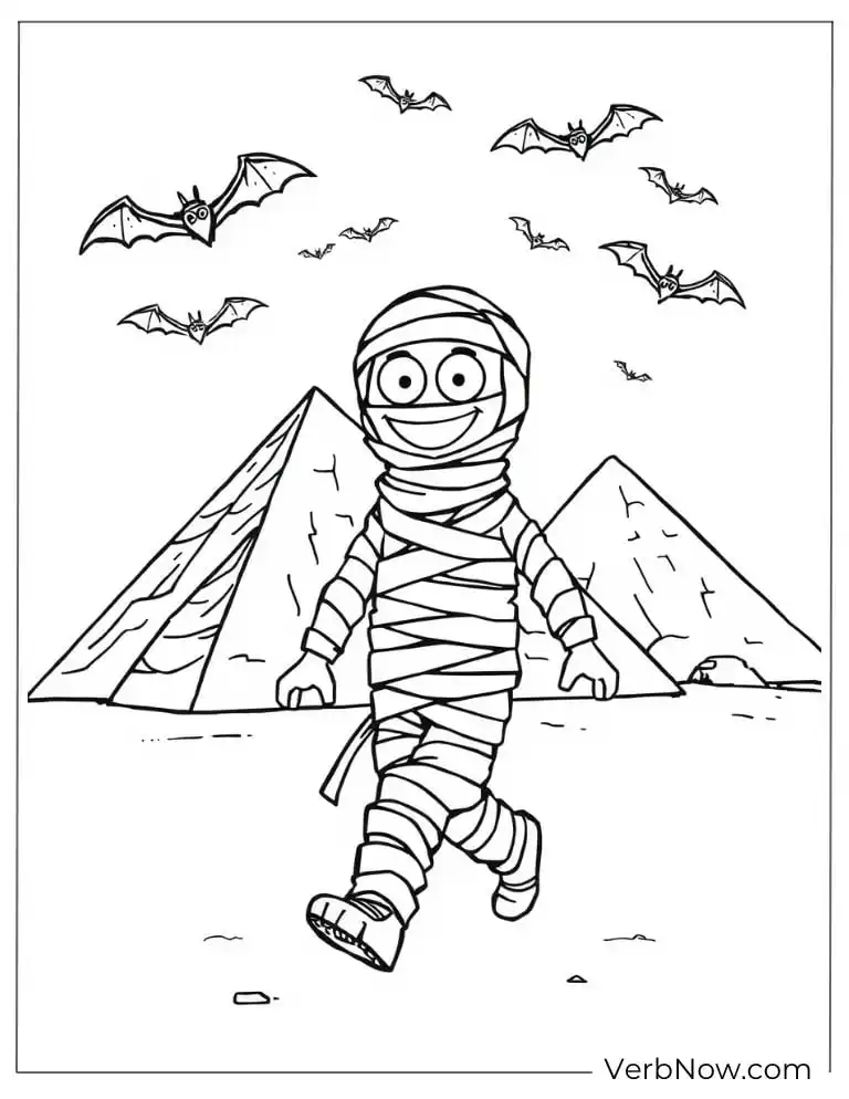 22 Wonderful Horror Coloring Pages (100% Printable PDF) A mummy walks near the pyramids with bats