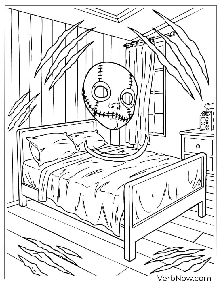 A haunted doll’s head floats above a bed
