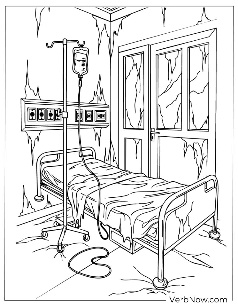 An abandoned hospital bed with IV stand