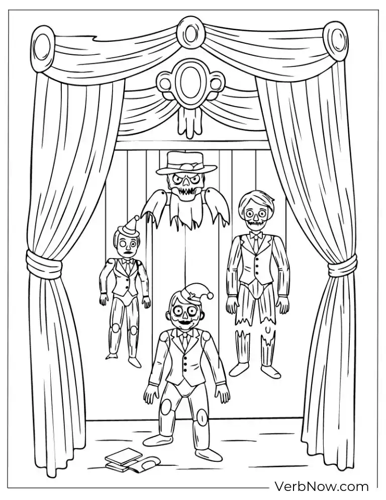 22 Wonderful Horror Coloring Pages (100% Printable PDF) Creepy puppets on strings perform on stage
