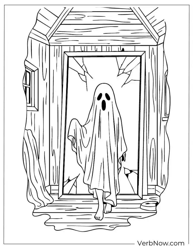 22 Wonderful Horror Coloring Pages (100% Printable PDF) A ghost emerges from a broken doorway