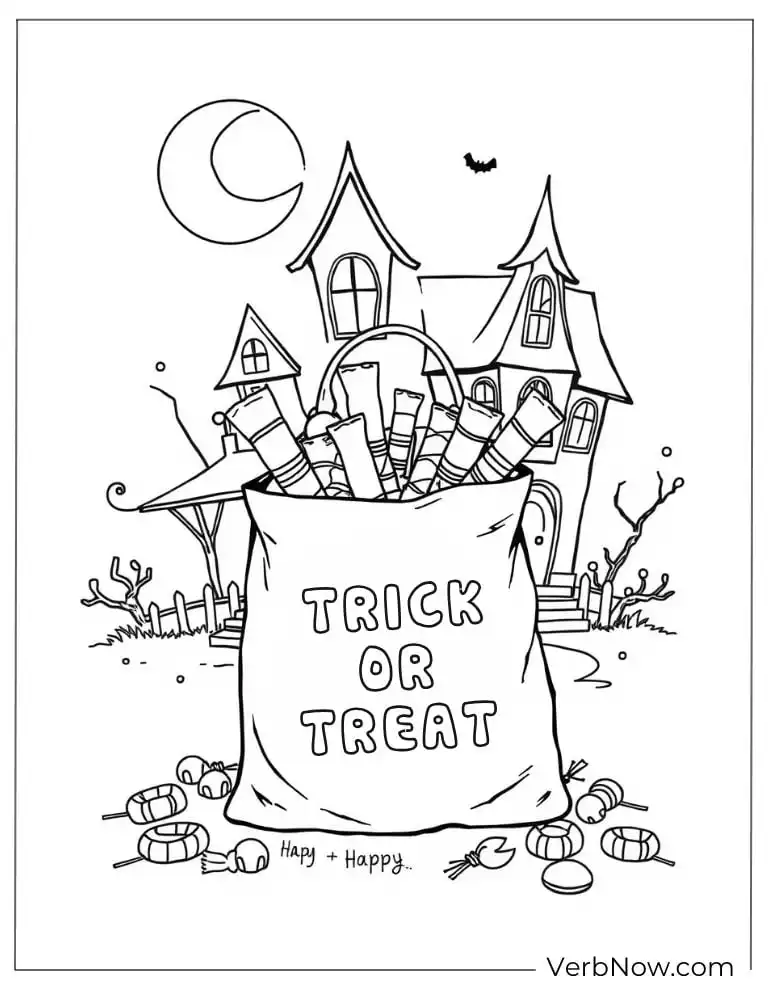 22 Wonderful Horror Coloring Pages (100% Printable PDF) A bag of Halloween candy in front of a haunted house