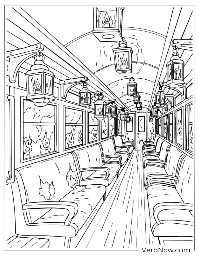 22 Wonderful Horror Coloring Pages (100% Printable PDF) An eerie empty subway with ghostly shadows
