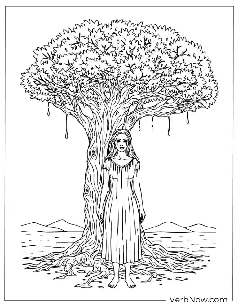 22 Wonderful Horror Coloring Pages (100% Printable PDF) A spooky girl stands under a haunted tree