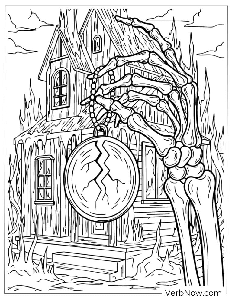 A skeleton hand holds a cracked pocket watch near a haunted house