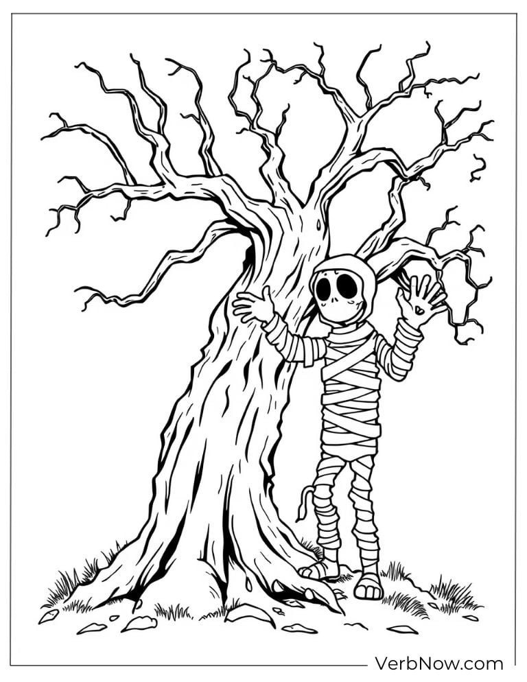 A mummy leans against a twisted, haunted tree