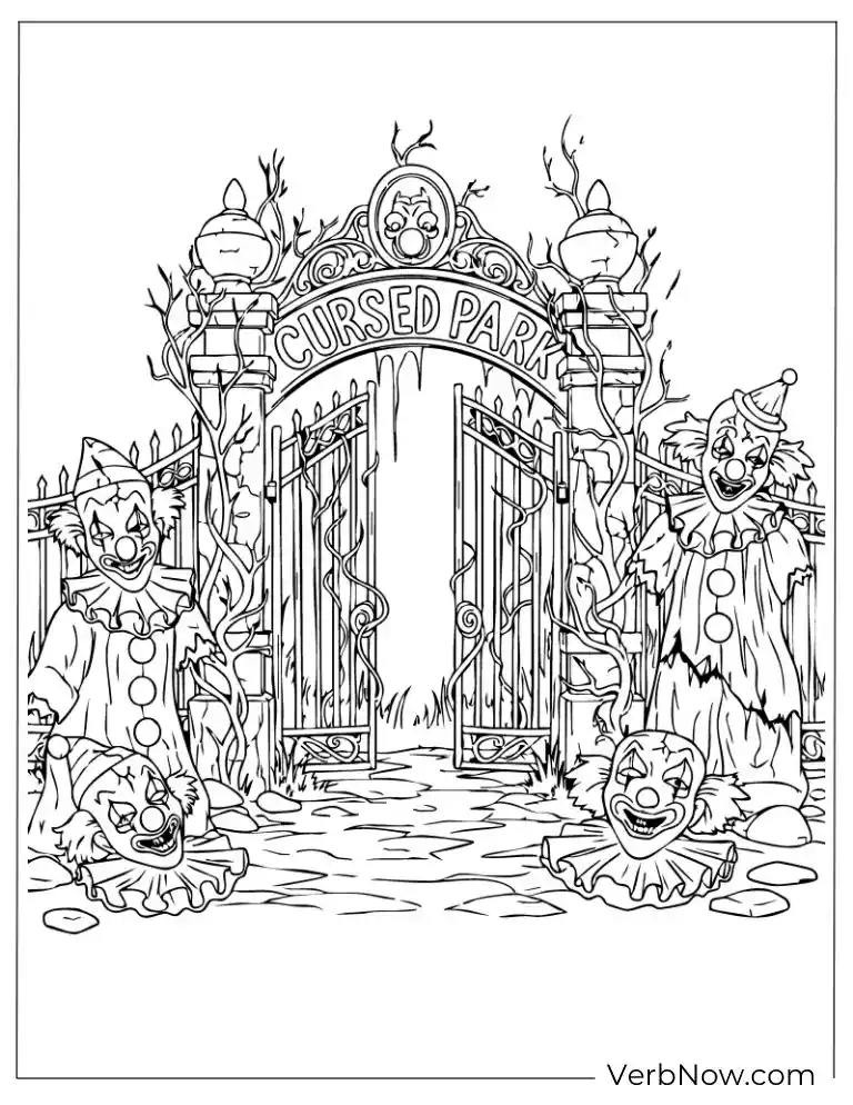 22 Wonderful Horror Coloring Pages (100% Printable PDF) The cursed park gates guarded by clowns