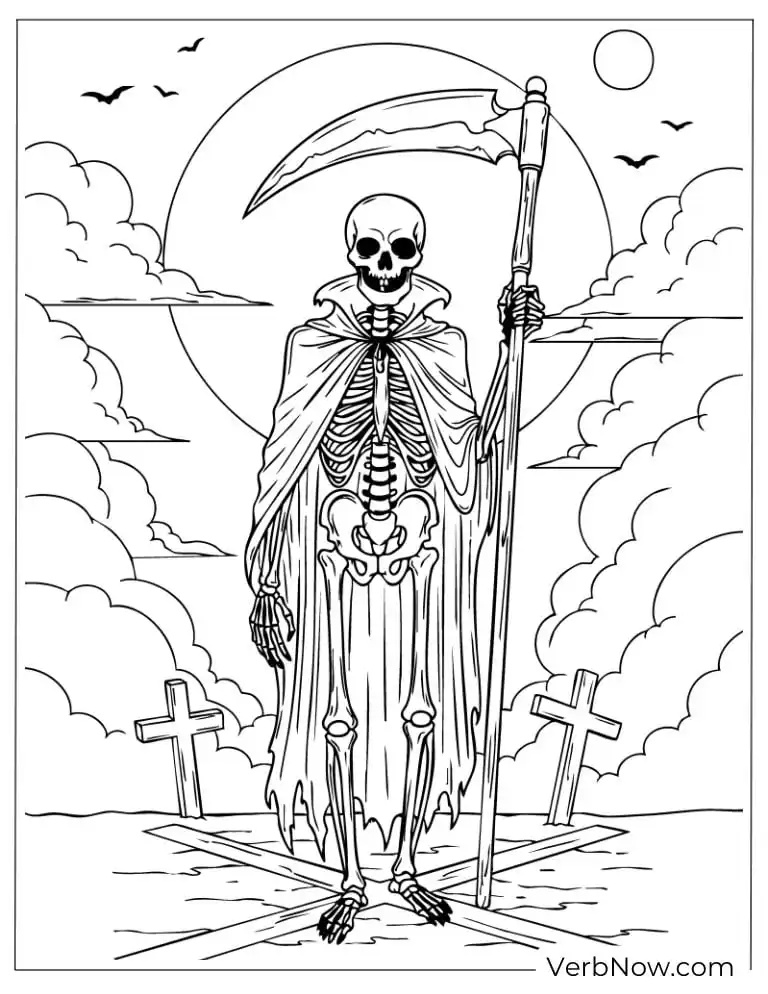 22 Wonderful Horror Coloring Pages (100% Printable PDF) The Grim Reaper stands with his scythe