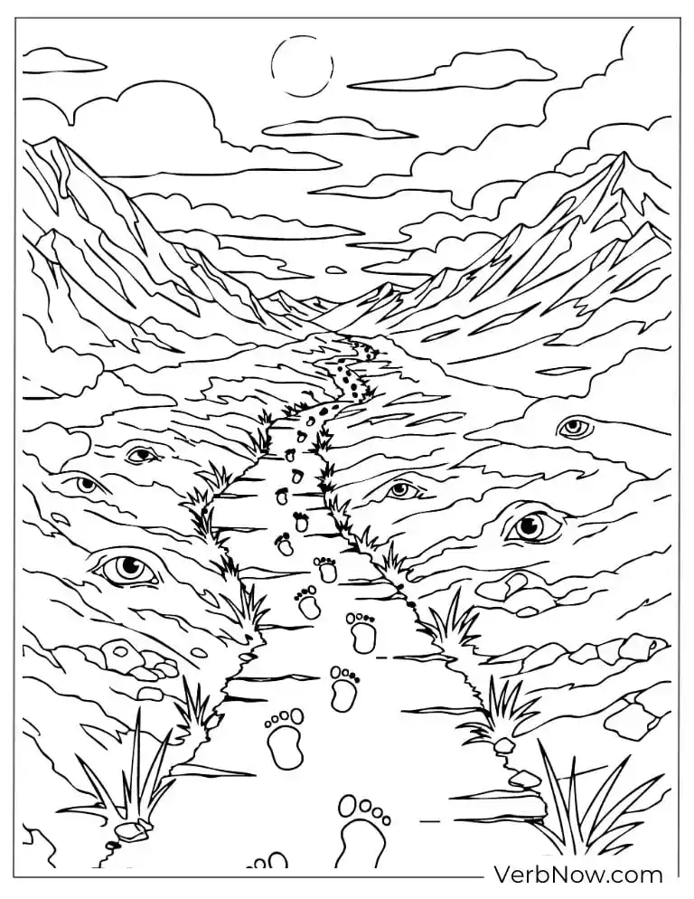 22 Wonderful Horror Coloring Pages (100% Printable PDF) A haunted path with eerie faces in the hills