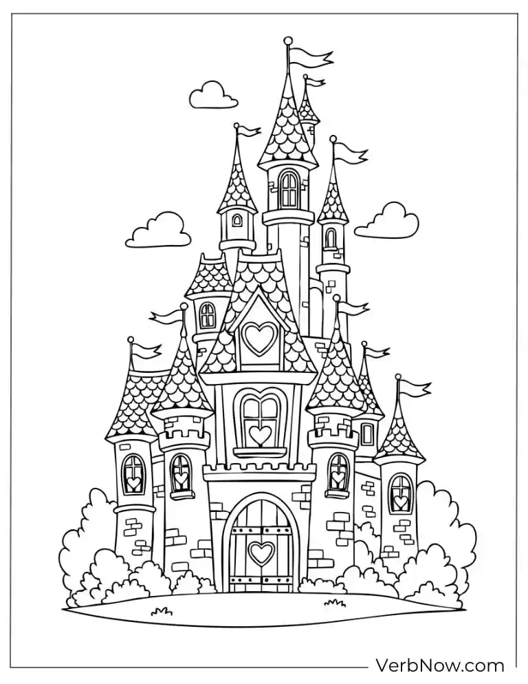 22 Free House Coloring Pages for Kids (Printable PDF) Tall fairytale castle with towers and flags
