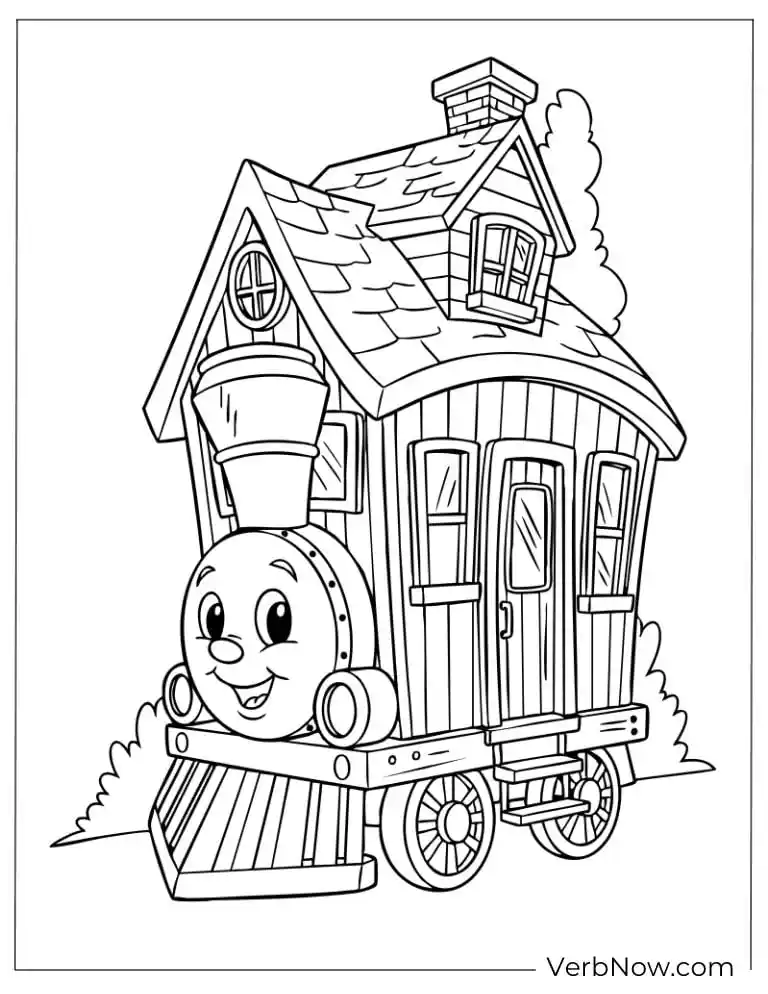 22 Free House Coloring Pages for Kids (Printable PDF) Train-shaped house with a smiling engine
