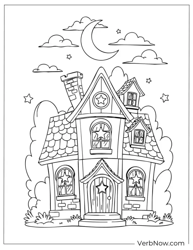 22 Free House Coloring Pages for Kids (Printable PDF) Charming cottage under the moonlight