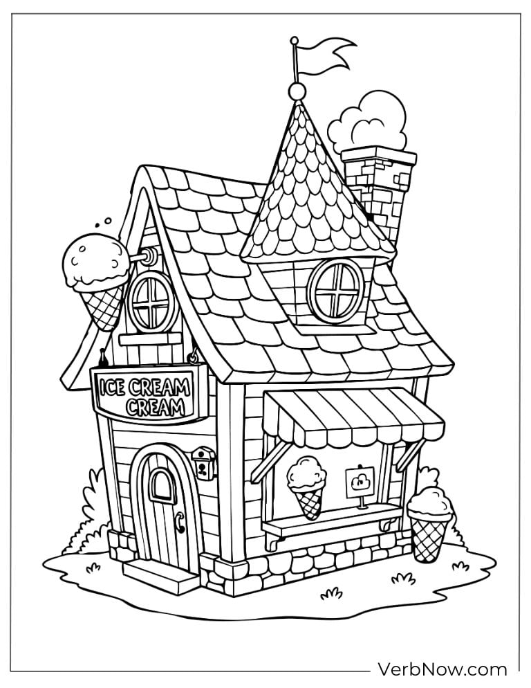 An ice cream shop house with a cone sign