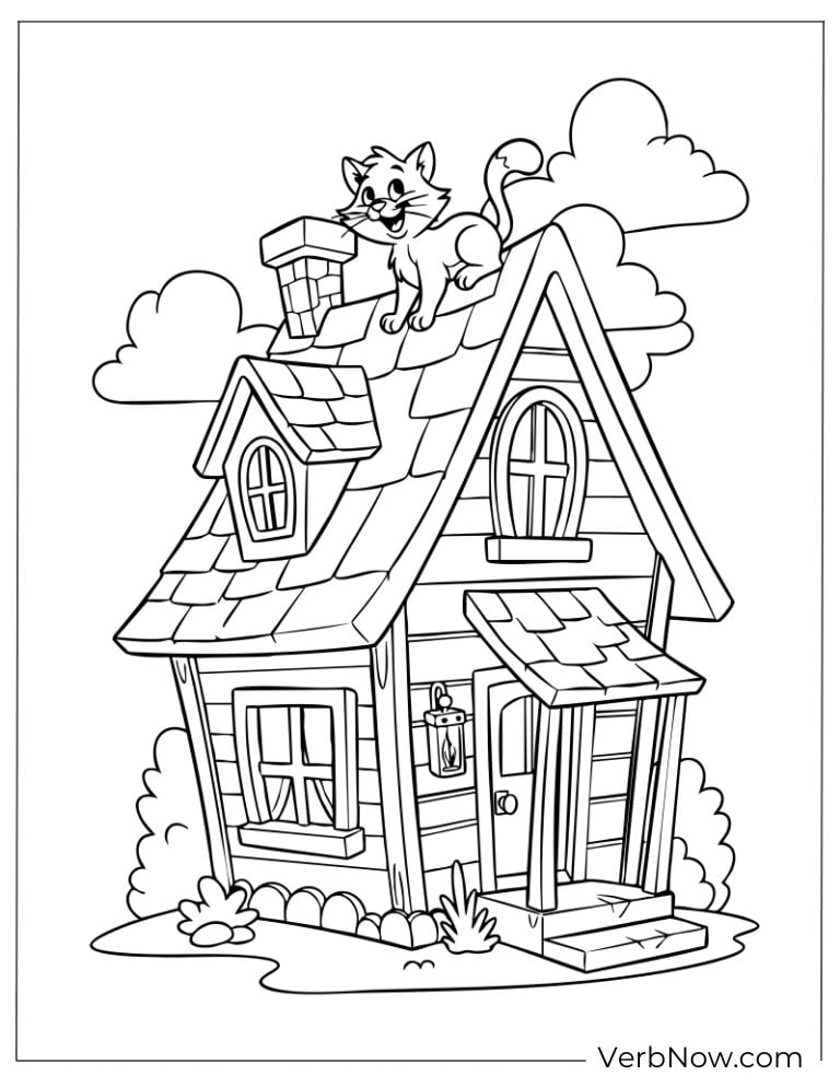 Cozy cottage with a cat sitting on the chimney