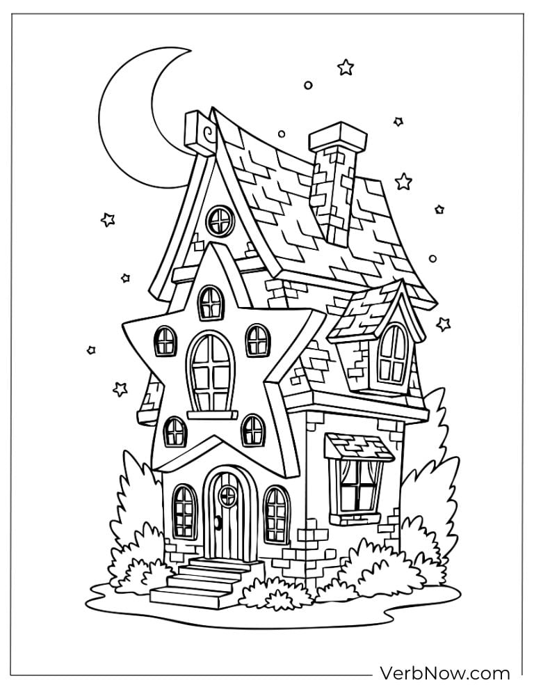 Tall fairytale house glowing under stars