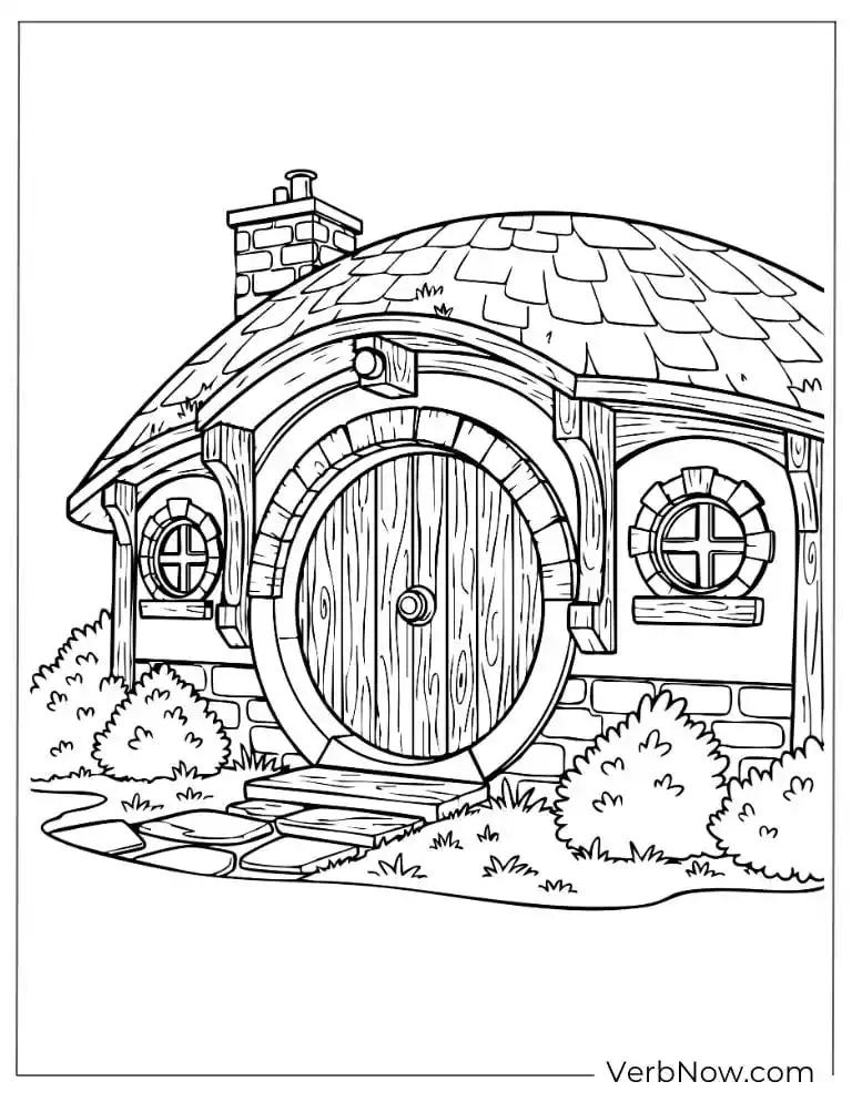 22 Free House Coloring Pages for Kids (Printable PDF) Round hobbit-style home with a wooden door