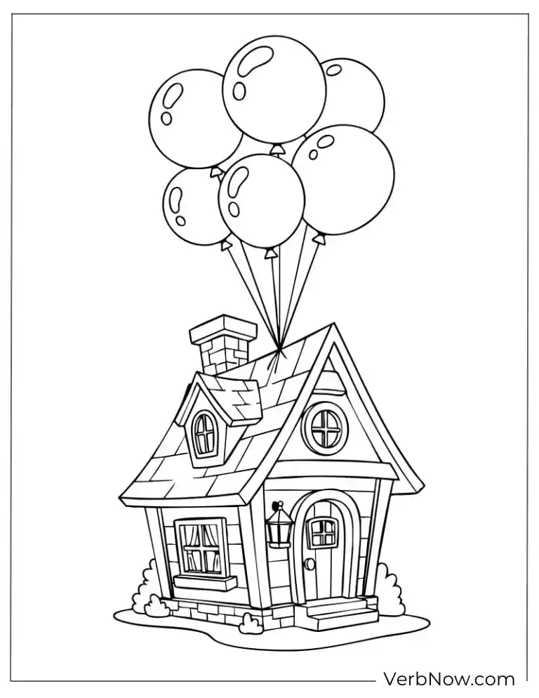 22 Free House Coloring Pages for Kids (Printable PDF) Tiny house lifted by balloons into the sky