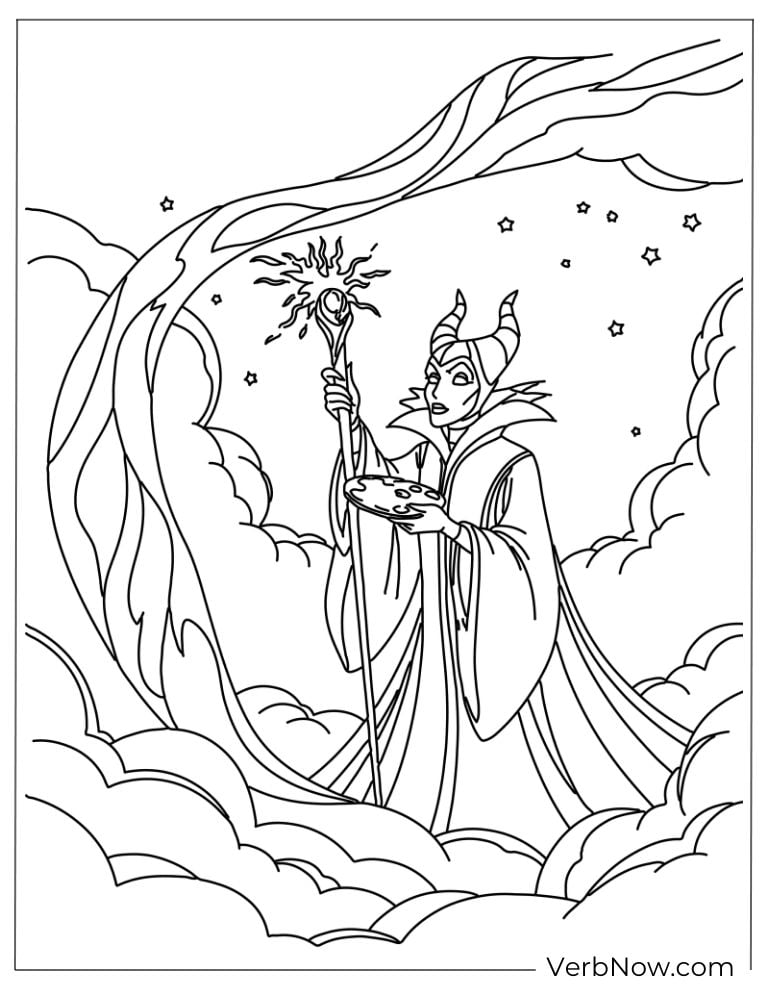 Maleficent casting magic beneath swirling clouds