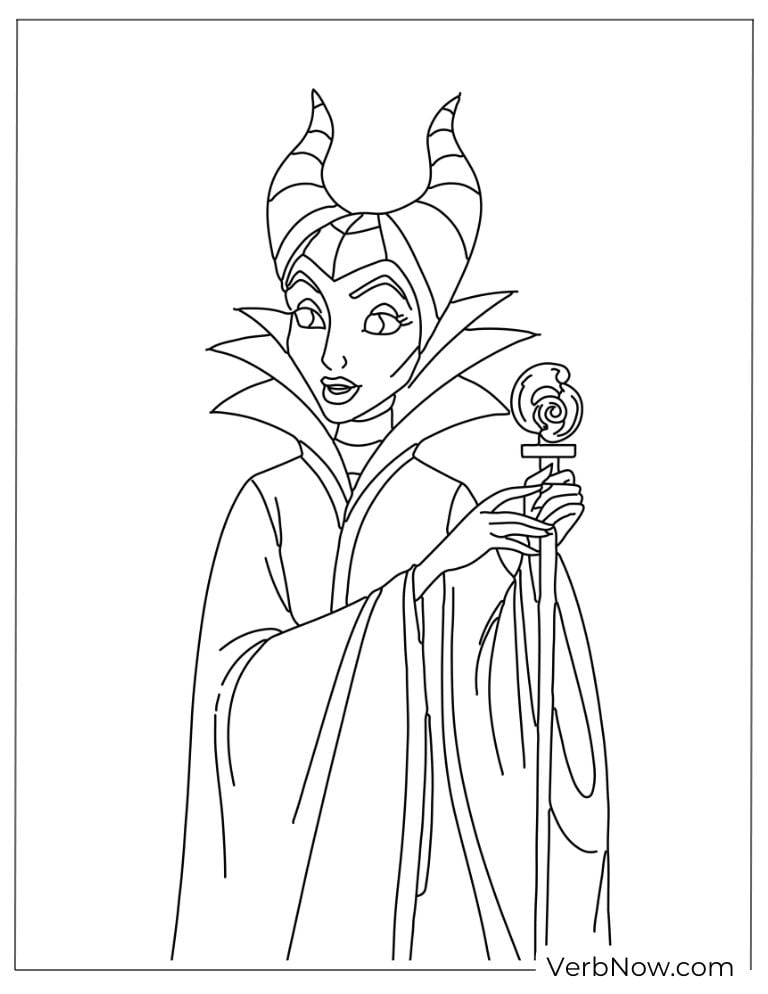 Maleficent holding her staff with a calm smile