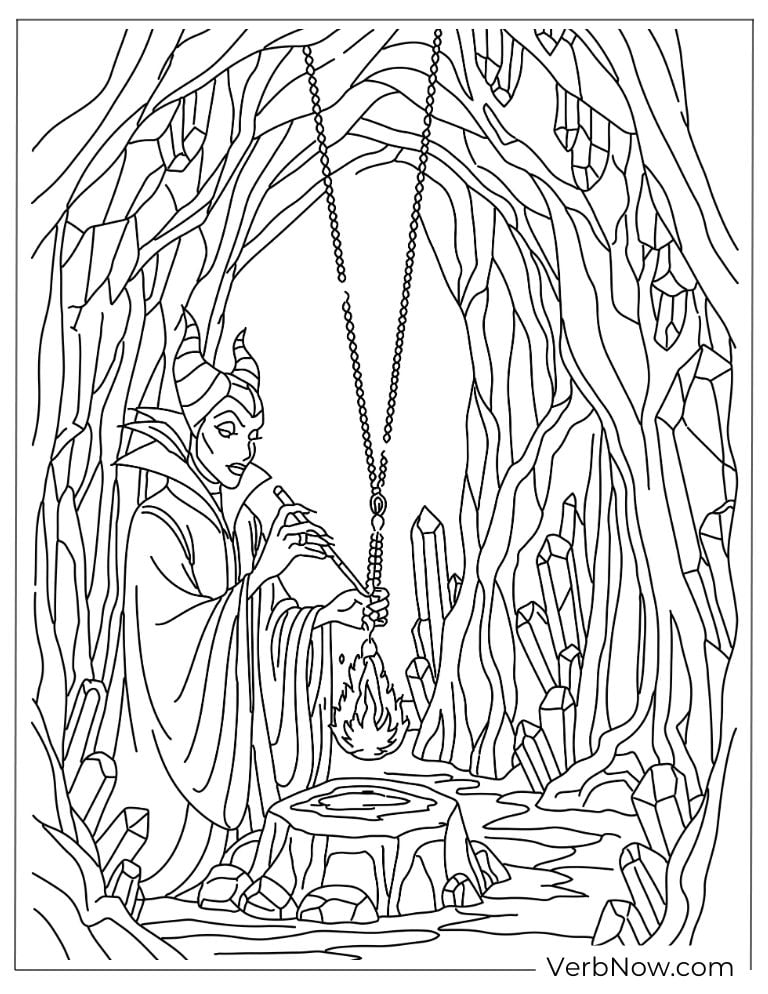 Maleficent brewing magic in a cave with a cauldron